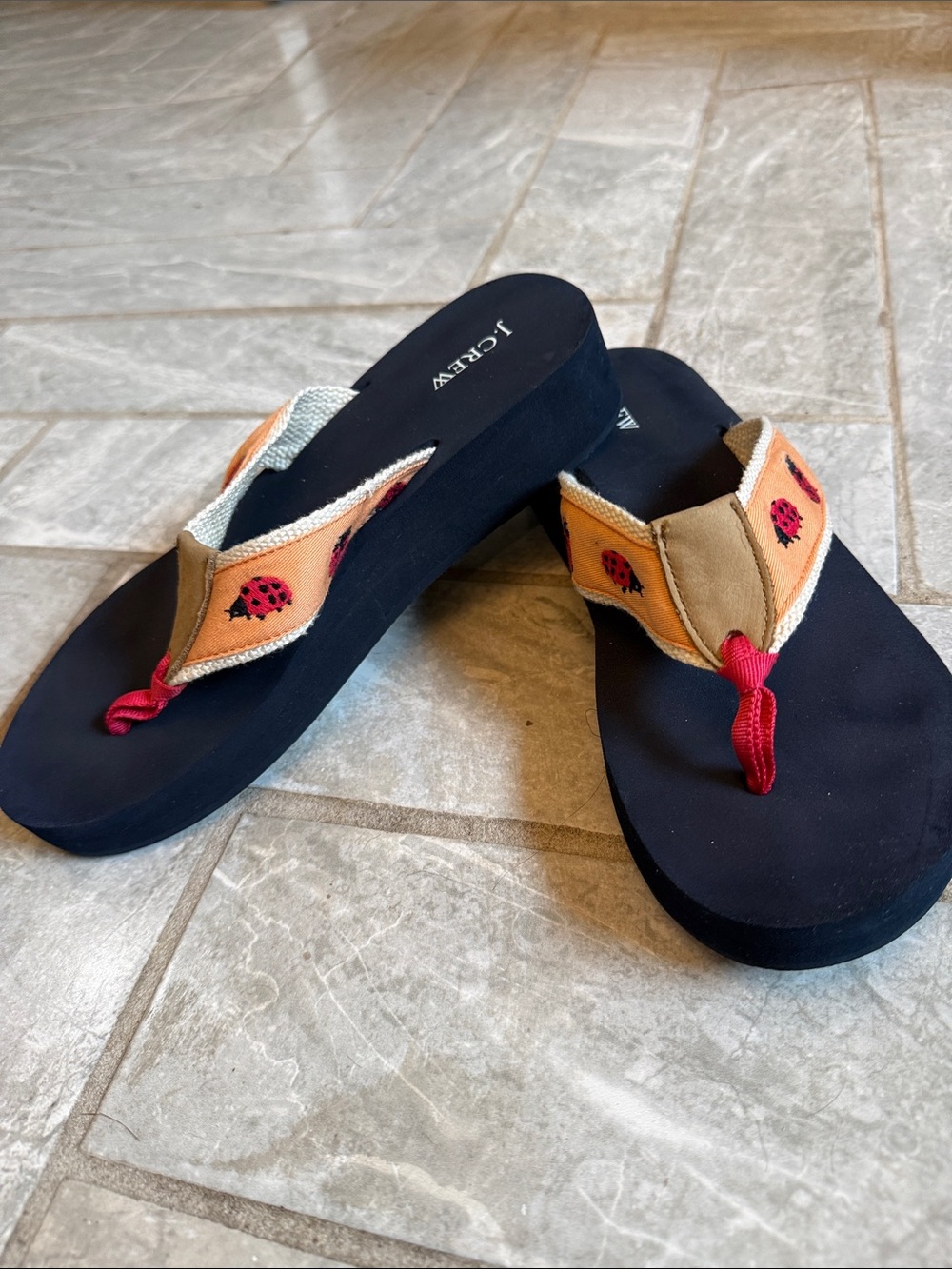 J. Crew Women’s 1.75” Wedge Flip-Flops Peach w/Ladybug Straps- Vintage Canvas
